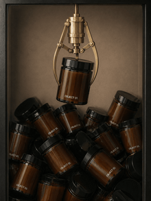 Candle display box with multiple amber glass jars, black lids, and brass fixture