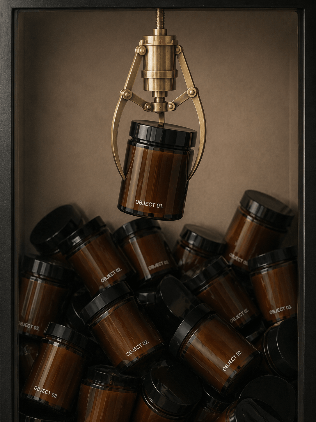 Candle display box with multiple amber glass jars, black lids, and brass fixture