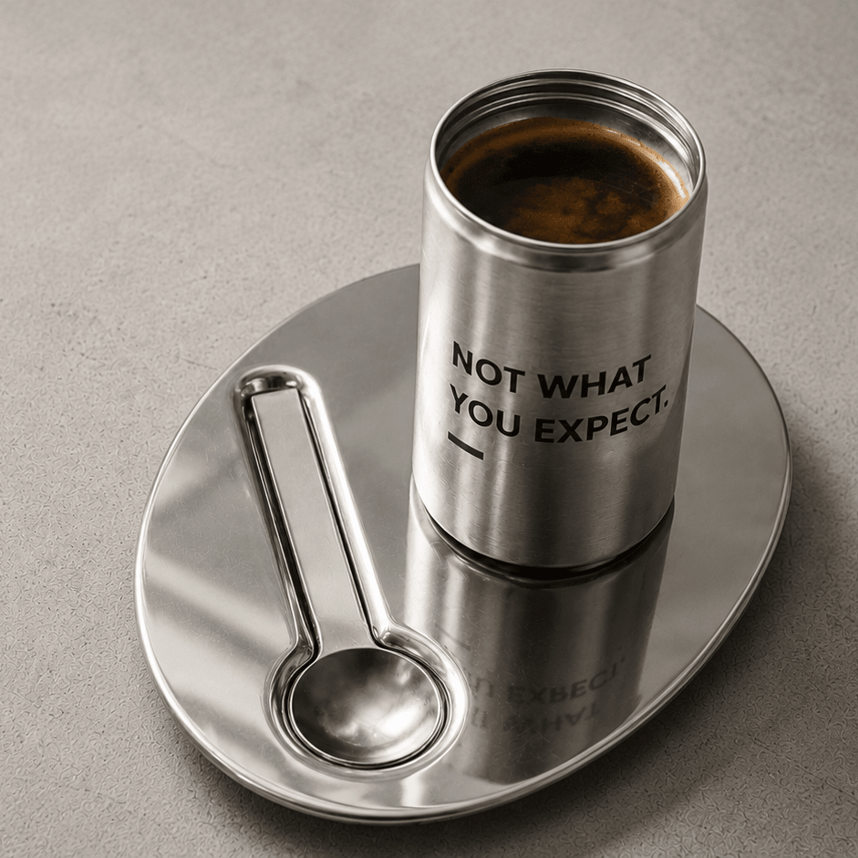 Stainless steel candle holder with engraved text and amber wax in glass jar