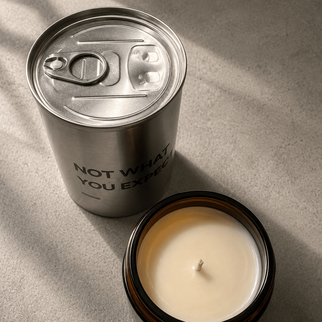 Silver scented candle with open lid, pale wax pool visible