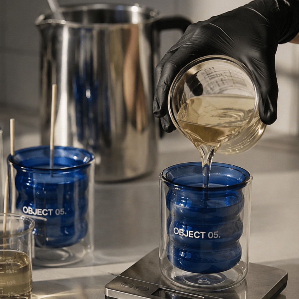 Blue glass candle jar labeled OBJECT 05 with hot wax being poured by a gloved hand